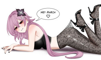 1girl absurdres ass black_bra black_nails black_pantyhose bra breasts commentary eidis_scarlet english_commentary english_text evernight_(honkai:_star_rail) flower hair_flower hair_ornament highleg highres honkai:_star_rail honkai_(series) lace_pantyhose lace_pantyhose_hooked_on_heel_(meme) large_breasts long_hair looking_at_viewer march_7th_(honkai:_star_rail) meme pantyhose pink_hair red_hair simple_background smile solo speech_bubble underwear very_long_hair white_background