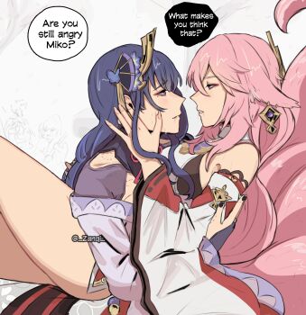 3girls absurdres animal_ear_piercing animal_ears bare_shoulders bite_mark bite_mark_on_shoulder black_nails breasts commentary detached_sleeves dress english_commentary english_text eye_contact fox_ears fox_tail genshin_impact hair_ornament hand_on_another's_face highres japanese_clothes kimono kitsune kujou_sara kyuubi lipstick looking_at_another makeup mole mole_under_eye multiple_girls multiple_tails parted_lips pink_hair pink_nails purple_eyes purple_hair purple_kimono raiden_shogun sideboob smeared_lipstick speech_bubble sweat tail twitter_username white_dress yae_miko yuri zanqi