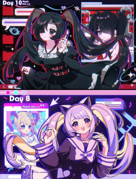 2girls :d absurdres ame-chan_(needy_girl_overdose) animal_ear_headphones animal_ears artist_name black_eyes black_hair black_shirt blonde_hair blue_bow blue_eyes blue_hair bow cat_ear_headphones cat_ears chouzetsusaikawa_tenshi-chan cowboy_shot cursor eye_symbol fake_animal_ears folder hair_bow hair_ornament hair_over_one_eye hands_up headphones highres inset juliet_sleeves loading_icon long_hair long_sleeves looking_at_viewer multicolored_hair multiple_girls needy_girl_overdose open_mouth pink_hair pleated_skirt prototype_design puffy_sleeves purple_eyes purple_hair purple_sailor_collar quad_tails sailor_collar school_uniform serafuku shirt skirt skytch smile sparkle standing twintails very_long_hair x_hair_ornament