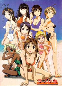 6+girls ahoge akamatsu_ken antenna_hair aoyama_motoko back beach bikini bikini_shorts bindi black_bikini blue_one-piece_swimsuit blunt_bangs bob_cut breasts cleavage copyright_name covered_collarbone dark-skinned_female dark_skin day full_body green_bikini hair_intakes halterneck hand_on_own_ass highleg highleg_bikini highres hugging_another's_leg kaolla_su kneepits konno_mitsune legs_together love_hina low_ponytail maehara_shinobu multiple_girls narusegawa_naru o-ring o-ring_bikini ocean official_art one-piece_swimsuit orange_bikini otohime_mutsumi outdoors parted_bangs pink_one-piece_swimsuit ponytail red_bikini sarah_mcdougal short_ponytail shorts sitting standing striped_bikini striped_clothes swimsuit tankini urashima_haruka white_one-piece_swimsuit