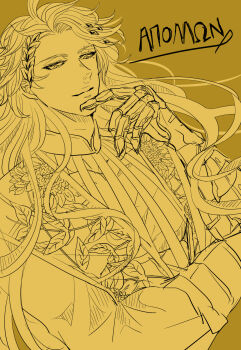 1boy apollo_(shuumatsu_no_valkyrie) collarbone fingers_to_chin floral_print highres jewelry laurel_crown laurel_wreath leaf_print long_hair long_sleeves looking_down male_focus muscular muscular_male necklace pectorals revealing_clothes short_hair shuumatsu_no_valkyrie smile smirk solo suzuka_(pixiv) tagme toga toned toned_male vest wreath yellow_theme