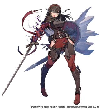 1girl bandaged_arm bandages bare_hips belt belt_buckle black_hair boots breasts brown_cape buckle cape elbow_gloves energy fantasy gloves grey_eyes hairband highres holding holding_shield holding_sword holding_weapon kuroi_susumu large_breasts long_hair official_art open_mouth purple_energy red_bandage red_boots red_hairband scabbard sheath shield solo sword sword_world sword_world_2.5 unraveling weapon white_background