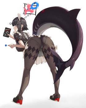 1girl absurdres ahoge ass bent_over black_dress black_hair black_panties black_shoes brown_pantyhose cameltoe candy closed_mouth colored_inner_hair commentary dress ellen_joe english_commentary fins fish_tail food from_behind full_body half-closed_eyes heart heart_ahoge highres holding holding_candy holding_food holding_lollipop legs_apart lollipop looking_at_viewer looking_back maid maid_headdress mole mole_under_eye multicolored_hair panties pantyhose patterned_legwear piranha_(piranha_arts) razor_blade_hair_ornament red_eyes red_nails scar scar_on_tail shadow shark_girl shark_tail shoes short_hair simple_background solo speech_bubble tail thought_bubble underwear white_background zenless_zone_zero
