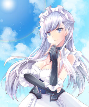 1girl absurdres azur_lane belfast_(azur_lane) blue_eyes blue_sky breasts cleavage cloud cloudy_sky commentary_request dress frilled_dress frilled_gloves frills gloves highres large_breasts long_hair looking_at_viewer maid_headdress sky solo upper_body white_dress white_hair yuugi_roki