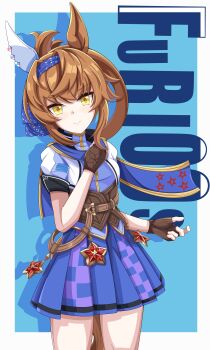 1girl absurdres animal_ears blue_hairband blue_scarf blue_shirt blue_skirt breasts brown_corset brown_gloves brown_hair closed_mouth corset ear_covers fingerless_gloves furioso_(triumphant_return_of_the_auspicious_star)_(umamusume) furioso_(umamusume) gloves hair_between_eyes hair_rings hairband highres horse_ears horse_girl horse_tail long_hair looking_at_viewer medium_hair scarf shirt short_sleeves single_ear_cover single_hair_ring skirt smile solo star_(symbol) tail umamusume white_shirt xiaofeng yellow_eyes