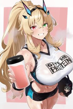 1girl abs absurdres bamboo_tac bare_shoulders barghest_(fate) black_shorts blonde_hair blush breasts cropped_shirt cup fate/grand_order fate_(series) green_eyes grin heterochromia high_ponytail highres horns large_breasts long_hair looking_at_viewer muscular muscular_female navel ponytail red_eyes shirt short_shorts shorts sidelocks sleeveless sleeveless_shirt smile solo sweat thick_thighs thighs white_shirt