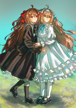 2girls ahoge black_bow black_bowtie black_dress black_shoes black_socks blue_eyes blue_hairband blue_ribbon bow bowtie brown_hair closed_mouth commentary dress eananaia english_commentary evil_neuro-sama full_body grass hair_between_eyes hair_ribbon hairband highres layered_dress long_dress long_hair long_sleeves multiple_girls neck_ribbon neuro-sama official_alternate_costume open_mouth pantyhose puffy_long_sleeves puffy_sleeves red_eyes red_ribbon ribbon shoes siblings sisters socks standing twins vedal_ai white_dress white_pantyhose