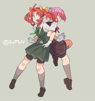 2girls ahoge bike_shorts bike_shorts_under_skirt black_shoes closed_mouth collared_shirt commentary emu_(eomou) gloves grey_background grey_socks hair_ribbon kagerou_(kancolle) kantai_collection kneehighs loafers locked_arms multiple_girls neck_ribbon open_mouth pink_hair ponytail purple_eyes red_hair ribbon shiranui_(kancolle) shirt shoes short_sleeves shorts shorts_under_skirt sidelocks simple_background skirt socks twintails vest white_gloves white_shirt yellow_ribbon