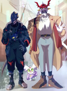 Rule 34 | beelzebumon, black jacket, black pants, blonde hair, colored skin, culumon, demon, demon boy, digimon, digimon (creature), dukemon, eye mask, fur-trimmed jacket, fur trim, highres, jacket, karina farek, male focus, mask, multiple boys, pants, red eyes, tail, third eye, yellow eyes