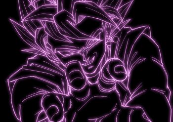 1boy black_background dougi dragon_ball dragonball_z earrings highres jewelry kamehameha_(dragon_ball) lineart male_focus parted_lips potara_earrings purple_theme simple_background single_earring smirk solo son_gohan_love son_goku spiked_hair super_saiyan upper_body