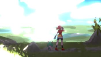 1girl :d amaco_(amacoworklove) animated bike_shorts bike_shorts_under_skirt bird black_socks blue_eyes blush cloud collared_shirt day eyelashes falling_leaves feathers fluffy gen_3_pokemon gloves grass grey_gloves grovyle hand_up kirlia leaf looking_up may_(pokemon) nintendo open_mouth outdoors pokemon pokemon_(creature) pokemon_ruby/sapphire/emerald red_shirt red_shoes shirt shoes short_sleeves skirt sky smile socks standing swablu tagme teeth tongue upper_teeth_only video white_skirt