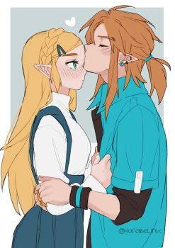 Rule 34 | 1boy, 1girl, blonde hair, blue shirt, blush, breasts, closed eyes, commentary, ear blush, earrings, english commentary, hanaberin, heart, high-waist skirt, highres, jewelry, kiss, kissing forehead, link, long hair, medium breasts, multiple rings, nintendo, piercing, pointy ears, ponytail, princess zelda, ring, shirt, simple background, skirt, the legend of zelda, the legend of zelda: breath of the wild, the legend of zelda: tears of the kingdom, twitter username, very long hair, white background