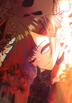 Rule 34 | 1girl, ;), absurdres, black gloves, black hair, black sailor collar, black shirt, blue archive, blurry, closed mouth, commentary, depth of field, eyelashes, flower, gloves, grey eyes, hair between eyes, hand up, highres, himmel gewalt, ichika (blue archive), index finger raised, long hair, looking at viewer, ofuda, one eye closed, red flower, sailor collar, school uniform, serafuku, shirt, skeleton, skull, smile, solo, spider lily, split mouth, tsurime, unusually open eyes, upper body, upturned eyes