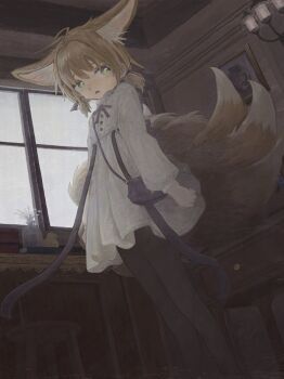 1girl absurdres animal_ears antenna_hair arknights black_pantyhose blonde_hair commentary_request dark dress feet_out_of_frame green_eyes highres indoors long_sleeves mani_tamlyn multiple_tails open_mouth pantyhose picture_frame short_dress short_hair solo standing strap suzuran_(arknights) tail white_dress white_tail window yellow_tail