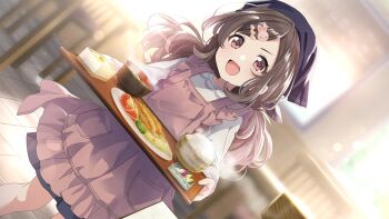 Rule 34 | 1girl, aged down, apron, bowl, brown hair, food, game cg, hair ornament, headscarf, heart, holding, idolmaster, idolmaster shiny colors, idolmaster shiny colors song for prism, official art, open mouth, plate, rabbit hair ornament, red eyes, solo, steam, tray, tsukioka kogane