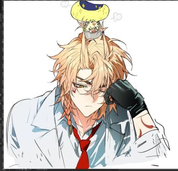 Rule 34 | 2boys, anger vein, arm tattoo, black gloves, blonde hair, braid, coat, collared shirt, facial tattoo, gloves, grabbing another's hair, gradient hair, hackmemme, highres, holding another's hair, honkai: star rail, honkai (series), male focus, medium hair, multicolored hair, multiple boys, mushroom, mydei (honkai: star rail), necktie, official alternate costume, one eye closed, phainon (honkai: star rail), phainon (khaslana) (honkai: star rail), puff of air, red hair, red necktie, red tattoo, shirt, side braid, simple background, tattoo, white background, white coat, white shirt, yellow eyes