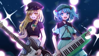 Rule 34 | 2girls, :d, adapted costume, black choker, black hat, black shirt, blonde hair, blue eyes, blue hair, blue shirt, blue skirt, bow, braid, choker, commentary request, concert, electric guitar, green bow, green hat, grey skirt, grin, guitar, hair bobbles, hair bow, hair ornament, hat, holding, holding instrument, instrument, kawashiro nitori, key, keytar, kirisame marisa, long hair, looking at viewer, multiple girls, open mouth, rnkgmn, shirt, short hair, short sleeves, single braid, skirt, smile, stage lights, touhou, two side up, yellow eyes