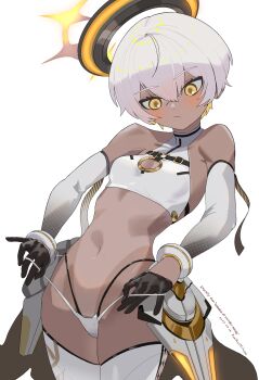 1girl above-cleavage_cutout artist_name bare_shoulders bikini bikini_bottom_pull black_gloves black_halo blonde_hair blush boots breasts cape character_name closed_mouth clothing_cutout colored_inner_hair commentary_request copyright_name cowboy_shot dark-skinned_female dark_skin dated detached_sleeves eternity_(nikke) gloves goddess_of_victory:_nikke hair_between_eyes half_gloves halo highres kunikuni_(kunihiro2005) looking_down mechanical_halo multi-strapped_bikini_bottom multicolored_hair navel partial_commentary pulling_own_clothes short_hair sidelocks simple_background skindentation small_breasts solo standing stomach swimsuit tan tanline thigh_boots thrusters white_background white_bikini white_hair white_sleeves yellow_cape yellow_eyes