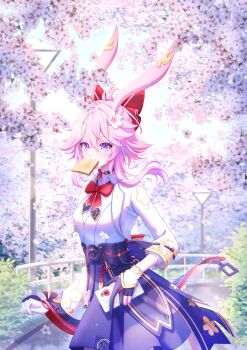 1girl animal_ears asymmetrical_gloves black_gloves bread bread_slice commentary day evanescia_(honkai:_star_rail) flower food food_in_mouth gloves hair_between_eyes hair_flower hair_ornament highres holding holding_phone honkai:_star_rail honkai_(series) long_sleeves mismatched_gloves mouth_hold naemi_fay outdoors partially_fingerless_gloves phone pink_flower pink_hair purple_eyes purple_skirt shirt short_hair_with_long_locks skirt solo toast toast_in_mouth upper_body white_gloves white_shirt
