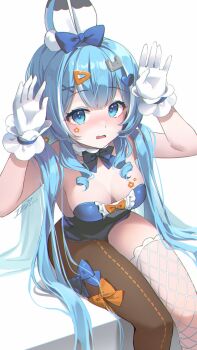 Rule 34 | 1girl, animal ear fluff, animal ears, arahashi tabi, blue bow, blue bowtie, blue eyes, blue hair, blue leotard, blush, bow, bowtie, breasts, brown pantyhose, cleavage, collar, commentary, detached collar, fake animal ears, fishnet thighhighs, fishnets, gloves, hair bow, hair ornament, heart, heart hair ornament, highres, ika (4801055), leotard, long hair, medium breasts, multicolored hair, orange bow, orange bowtie, pantyhose, playboy bunny, rabbit ears, simple background, single leg pantyhose, single thighhigh, sitting, solo, stellive, streaked hair, thighhighs, triangle hair ornament, twintails, untranslatable commentary, very long hair, virtual youtuber, white background, white collar, white gloves, white hair, white thighhighs, x hair ornament