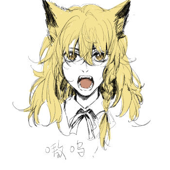 Rule 34 | 1girl, aihara-rina, animal ears, blonde hair, bow, bowtie, braid, cat ears, cat girl, chinese commentary, chinese text, commentary request, fangs, hair bow, highres, kemonomimi mode, kirisame marisa, long hair, looking at viewer, no headwear, open mouth, portrait, side braid, simple background, single braid, sketch, solo, touhou, translation request, white background, white bow, yellow eyes