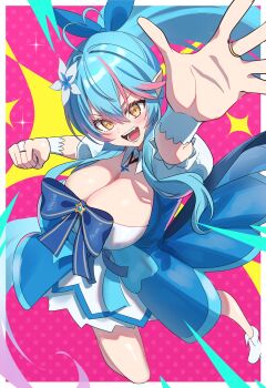 1girl absurdres ahoge blue_dress blue_hair border breasts cleavage clenched_hand dress elf full_body hashtag-only_commentary heart heart_ahoge high_ponytail highres hololive kumarang large_breasts long_hair magical_girl multicolored_hair open_mouth pink_background pink_hair pointy_ears ponytail simple_background solo streaked_hair two-tone_hair virtual_youtuber white_border yellow_eyes yukihana_lamy