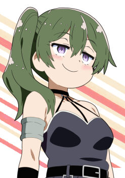 1girl blush breasts choker closed_mouth commentary_request green_hair hair_between_eyes medium_breasts medium_hair mizusaki_johnko purple_eyes side_ponytail smile solo sousou_no_frieren ubel_(sousou_no_frieren) upper_body