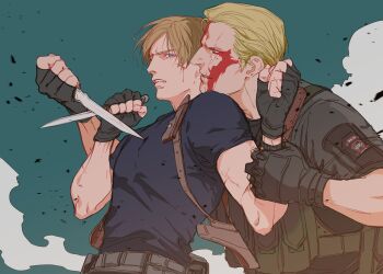2boys absurdres black_gloves blonde_hair blood blood_on_face brown_hair buckle bulletproof_vest fingerless_gloves gloves godsstation highres holding holding_another's_wrist holding_knife holding_weapon holster injury jack_krauser knife leon_s._kennedy male_focus multiple_boys resident_evil resident_evil_4 resident_evil_4_(remake) scar scar_across_eye scar_on_face shirt shoulder_holster snap-fit_buckle upper_body weapon