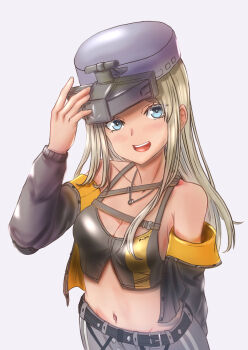 1girl absurdres adjusting_clothes adjusting_headwear bandaid bandaid_on_face bandaid_on_nose bare_shoulders belt black_belt blonde_hair blue_eyes blush breasts centi_(nikke) chih@ya cleavage commentary_request cowboy_shot crop_top goddess_of_victory:_nikke grey_background grey_pants hat highres long_hair looking_at_viewer navel open_mouth pants simple_background smile solo standing teeth upper_teeth_only