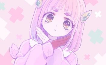 1girl arched_bangs brown_eyes cardigan closed_mouth gloves hair_ornament hairclip it&#039;s_just_not_right! lacey_(pokemon) long_sleeves looking_at_viewer lowres nintendo pink_cardigan pink_hair pokemon pokemon_sv red_gloves short_hair single_glove solo upper_body x_arms yuzukibooks