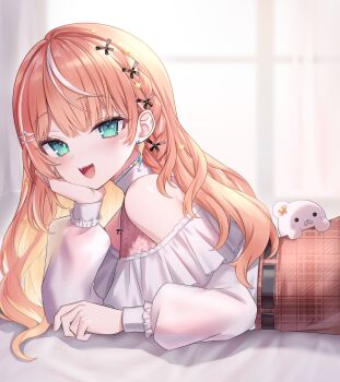 1girl alternate_costume bare_shoulders belt blue_eyes braid head_rest highres igarashi_rika long_hair long_sleeves looking_at_viewer lying multicolored_hair neit_ni_sei nijisanji off_shoulder on_stomach open_mouth orange_hair orange_skirt see-through_clothes see-through_sleeves shirt shirt_tucked_in skirt smile solo streaked_hair unmoving_pattern virtual_youtuber white_shirt