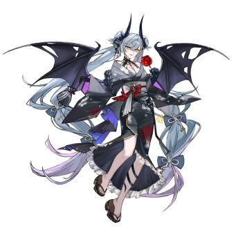 1girl black_kimono breasts candy_apple cleavage demon_horns demon_wings fate/grand_order fate_(series) food green_eyes grey_hair highres holding_candy_apple holding_food horns japanese_clothes jiajiayu kimono lilith_(fate) long_hair platform_clogs snake twintails very_long_hair white_background wings