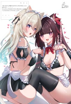 2girls absurdres alternate_costume animal_ears apron aqua_hair bikini black_bikini black_skirt black_thighhighs bow brown_hair cat_ears cat_girl cat_tail detached_sleeves firefly_(honkai:_star_rail) grey_hair hair_between_eyes highres honkai:_star_rail honkai_(series) kemonomimi_mode long_hair looking_at_viewer maid maid_bikini multiple_girls open_mouth ranran_3939 short_sleeves simple_background skirt smile sparkle_(honkai:_star_rail) swimsuit tail thighhighs twintails unconventional_maid white_apron white_background white_bow white_thighhighs