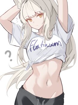 1girl ? absurdres animal_ears arknights arms_up black_pants breasts clothes_writing frown groin highres horse_ears horse_girl long_hair looking_at_viewer midriff navel pants platinum_(arknights) shirt short_sleeves simple_background small_breasts solo sparks_summer t-shirt tied_shirt upper_body very_long_hair white_background white_hair white_shirt yellow_eyes