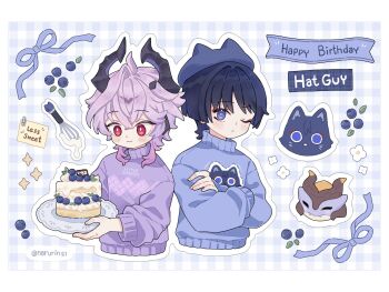 2boys animal_hat blue_eyes blue_hair blueberry cake closed_mouth crossed_arms dragon durin_(genshin_impact) flower food fruit genshin_impact happy_birthday hat highres looking_at_food looking_at_viewer male_focus mini_durin_(genshin_impact) multiple_boys narurin21 one_eye_closed red_eyes scaramouche_(cat)_(genshin_impact) scaramouche_(genshin_impact) smile sparkle sweater wanderer_(genshin_impact) watermark