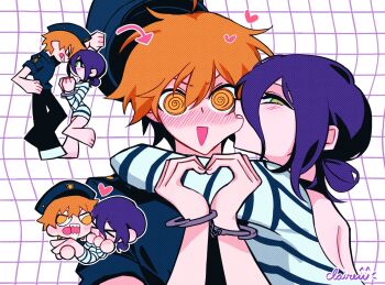 &gt;_&lt; 1boy 1girl @_@ blue_shirt blush chainsaw_man chibi chibi_inset claireiosity couple cuffs denji_(chainsaw_man) green_eyes hair_bun handcuffs hat heart hetero highres hug medium_hair nose_blush open_mouth orange_hair police police_hat police_uniform prison_clothes prisoner purple_hair reze_(chainsaw_man) shirt short_hair striped_clothes striped_shirt