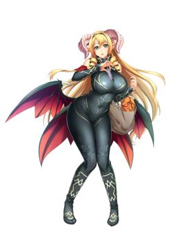 1girl back bare_shoulders black_panties black_shoes black_thighhighs black_wings blonde_hair breasts carrot chili_pepper coin curvy demon_girl demon_horns demon_wings drill_hair drill_sidelocks food from_behind full_body gold green_eyes green_hairband hair_between_eyes hairband high_heels highres horns large_breasts legs_together long_hair looking_at_viewer looking_back low_wings lowleg lowleg_panties mammon_(sin_nanatsu_no_taizai) mammon_(the_seven_deadly_sins) mature_female nishii_(damnedrive) official_art panties parted_lips pink_lips scan shoes shopping_basket sidelocks simple_background sin_nanatsu_no_taizai smile solo spread_wings standing teeth the_seven_deadly_sins thighhighs twisted_neck underwear v vegetable very_long_hair vial white_background wings