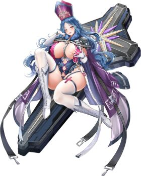 1girl ark_re:code blue_hair breast_curtains breasts cross divergent_opaeni_(ark_re:code) elbow_gloves full_body game_cg gloves grabbing_own_breast greek_cross half-closed_eyes hat high_heels highleg highleg_leotard highres huge_breasts latin_cross leotard licking_own_finger long_hair mitre non-web_source official_art parted_bangs priestess revealing_clothes see-through_clothes skindentation solo thighhighs tongue tongue_out transparent_background very_long_hair yellow_eyes