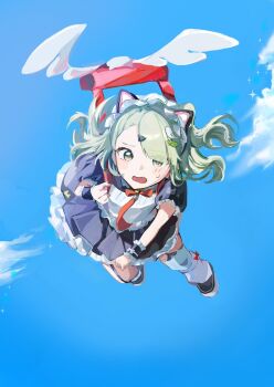 Rule 34 | 1girl, animal ear hairband, animal ears, black dress, black garter straps, blue sky, blush, cat ear hairband, cat ears, chiiiiii1129, cloud, dress, fake animal ears, fang, floating hair, flying, frilled dress, frills, garter straps, ghost hair ornament, green eyes, green hair, hair ornament, hairband, hashtag-only commentary, heart, heart hair ornament, looking at viewer, maid, maid headdress, multiple hair clips, official alternate costume, open mouth, outdoors, red bag, sky, solo, sunna (afternoon tea break) (zenless zone zero), sunna (zenless zone zero), sweatdrop, white wings, winged bag, wings, zenless zone zero
