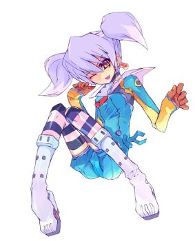 Rule 34 | 1girl, black choker, blue shirt, blue shorts, boots, breasts, brown gloves, choker, collared shirt, commentary request, earrings, fang, gloves, hair between eyes, hands up, jewelry, knee boots, long sleeves, one eye closed, open mouth, orange eyes, phase shift, purple hair, shirt, shorts, simple background, sitting, skin fang, small breasts, smile, solo, top wo nerae! (series), top wo nerae 2!, twintails, two-tone thighhighs, tycho science, white background, white boots