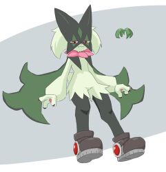 Rule 34 | 1other, :3, body fur, boots, brown footwear, cape, cat, creatures (company), eye mask, full body, game freak, green cape, green fur, meowscarada, nintendo, pokemon, pokemon (creature), red eyes, simple background, solo, ylit shalmon2