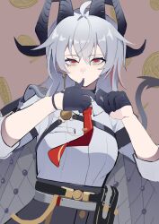 1girl absurdres adjusting_clothes adjusting_gloves ahoge biting biting_glove black_gloves black_horns black_jacket black_pants black_tail breasts chest_harness closed_mouth coin commentary_request curled_horns demon_tail earrings gloves hair_between_eyes half_gloves harness high-waist_pants highres homake horns jacket jacket_on_shoulders jewelry key_earrings long_hair looking_at_viewer medium_breasts mole mole_under_eye multicolored_hair necktie pants partial_commentary red_eyes red_necktie shirt shirt_tucked_in solo streaked_hair tail upper_body white_shirt wuthering_waves zani_(wuthering_waves)