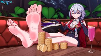 absurdres blue_eyes couch cup drinking_glass feet feet_together foot_focus gem gold highres honkai:_star_rail honkai_(series) legs merkotek money nail_polish numby_(honkai:_star_rail) plant smile soles space toenail_polish toenails toes topaz_(honkai:_star_rail) trotter_(honkai:_star_rail) white_hair window