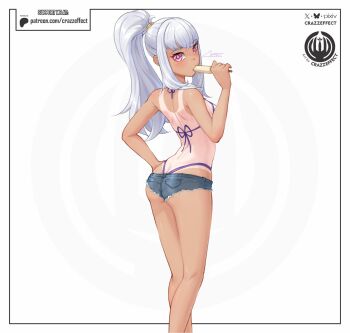 1girl alternate_costume alternate_hairstyle ass bare_arms bare_back bare_legs bare_shoulders bikini blush breasts bright_pupils butt_crack commentary crazzeffect cutoffs english_commentary feet_out_of_frame fire_emblem fire_emblem:_three_houses food from_behind hand_on_own_hip highres holding holding_food holding_popsicle long_hair looking_at_viewer looking_back lysithea_von_ordelia micro_shorts nintendo pink_eyes ponytail popsicle purple_bikini short_shorts shorts sideboob small_breasts solo standing swimsuit tan tanline thighs underbutt white_background white_hair white_pupils