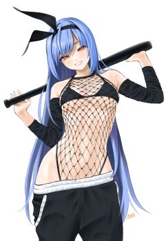 1girl bae_minah_(chaesu) baseball_bat blue_hair bra breasts chaesu detached_sleeves fishnet_leotard fishnet_top fishnets hair_ribbon highres leotard long_hair medium_breasts orange_eyes original pants ribbon sagging_pants smile solo standing tagme underwear very_long_hair white_background