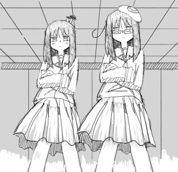 crossed_arms egg food food_on_head fried_egg glasses greyscale highres looking_at_viewer medium_hair mishima_yoshiharu monochrome mushroom mushroom_on_head object_on_head pleated_skirt sailor_collar school_uniform serafuku shimeji_simulation shirt skirt standing tsukishima_shijima yamashita_majime
