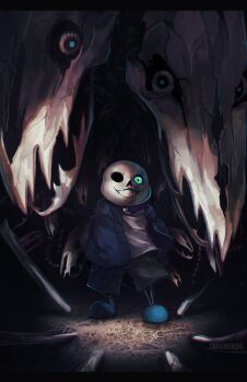 1boy blue_eyes blue_jacket bone commentary creature english_commentary full_body glowing glowing_eye graveweaver hood hood_down jacket letterboxed looking_at_viewer male_focus sans_(undertale) shirt skeleton solo standing undertale utdr_(toby_fox) white_shirt