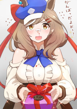 1girl absurdres animal_ears blood blood_stain blue_hat blush box breasts brown_hair center_frills commentary_request detached_sleeves ear_ornament ears_through_headwear ekkusuren frills gift gift_box grey_background hair_ornament hairclip happy hat highres horse_girl incoming_gift long_hair looking_at_viewer matikanetannhauser_(umamusume) medium_breasts medium_hair multicolored_hair newsboy_cap nosebleed open_mouth orange_eyes solo sparkle streaked_hair translation_request umamusume