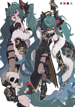 1girl absurdres aqua_hair black_dress black_horns black_pantyhose china_dress chinese_clothes color_guide commission dress flower hair_between_eyes hair_flower hair_ornament highres holding holding_scythe holding_skull horns long_hair looking_at_viewer morello_(morellostorment) multiple_views open_mouth original pantyhose red_eyes scythe side_slit skeb_commission skull twintails very_long_hair white_background zizi_niisan