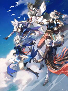 2girls 3boys animal_ear_fluff animal_ears baiheng_(honkai:_star_rail) belt_buckle bird black_hair blade_(honkai:_star_rail) blue_hair blue_sky boots bracer buckle chinese_clothes cloud coattails commentary_request dan_feng_(honkai:_star_rail) dan_heng_(honkai:_star_rail) dan_heng_(imbibitor_lunae)_(honkai:_star_rail) dragon_boy dragon_horns dress fox_ears fox_girl fur_trim gloves green_eyes high-cloud_quintet_(honkai:_star_rail) high_heel_boots high_heels highres honkai:_star_rail honkai_(series) horns jing_yuan jingliu_(honkai:_star_rail) long_hair lux_stellae multiple_boys multiple_girls pants pointy_ears purple_eyes purple_hair red_eyes ribbon shoes skirt sky tassel thigh_strap very_long_hair white_hair yellow_eyes yingxing_(honkai:_star_rail)